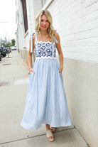 Kori America Blue Floral Netted Yoke Stripe Ric Rack Dress