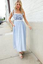 Kori America Blue Floral Netted Yoke Stripe Ric Rack Dress