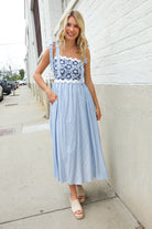 Kori America Blue Floral Netted Yoke Stripe Ric Rack Dress