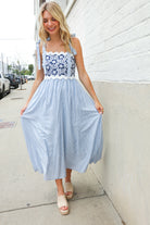 Kori America Blue Floral Netted Yoke Stripe Ric Rack Dress