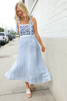 Kori America Blue Floral Netted Yoke Stripe Ric Rack Dress