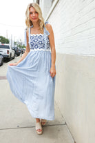 Kori America Blue Floral Netted Yoke Stripe Ric Rack Dress