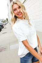 First Love White Ruffle Crochet Puff Sleeve Button Down Top