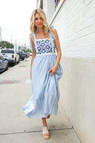 Kori America Blue Floral Netted Yoke Stripe Ric Rack Dress