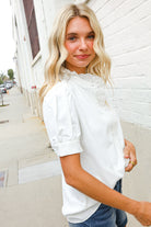 First Love White Ruffle Crochet Puff Sleeve Button Down Top