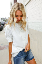 First Love White Ruffle Crochet Puff Sleeve Button Down Top