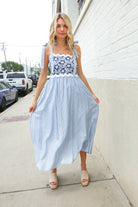 Kori America Blue Floral Netted Yoke Stripe Ric Rack Dress