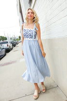 Kori America Blue Floral Netted Yoke Stripe Ric Rack Dress