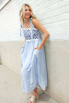 Kori America Blue Floral Netted Yoke Stripe Ric Rack Dress