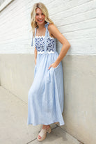 Kori America Blue Floral Netted Yoke Stripe Ric Rack Dress