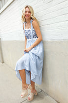 Kori America Blue Floral Netted Yoke Stripe Ric Rack Dress