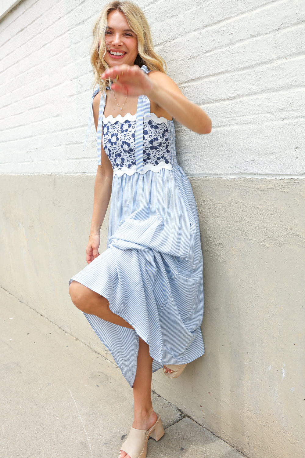 Kori America Blue Floral Netted Yoke Stripe Ric Rack Dress