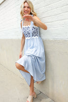 Kori America Blue Floral Netted Yoke Stripe Ric Rack Dress