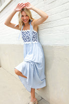 Kori America Blue Floral Netted Yoke Stripe Ric Rack Dress
