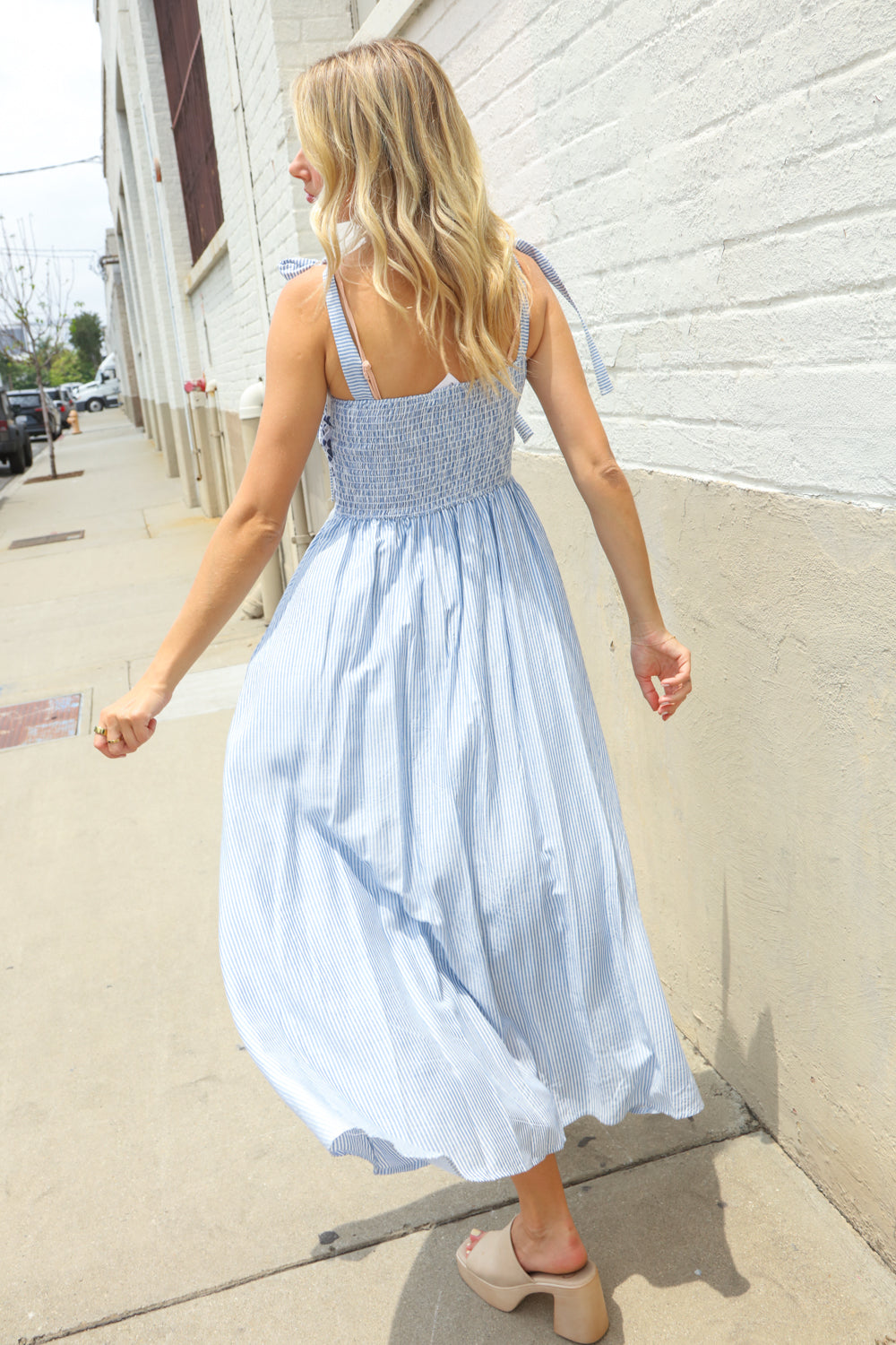 Kori America Blue Floral Netted Yoke Stripe Ric Rack Dress