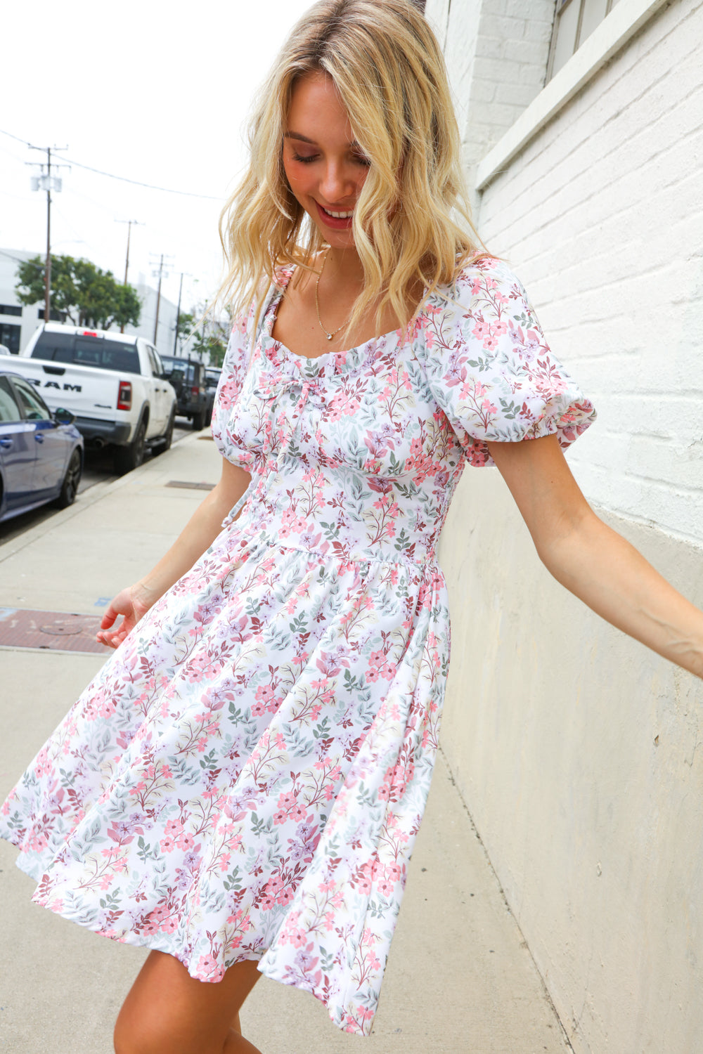 Kori America Cream Floral Print Sweetheart Neck Fit & Flare Dress