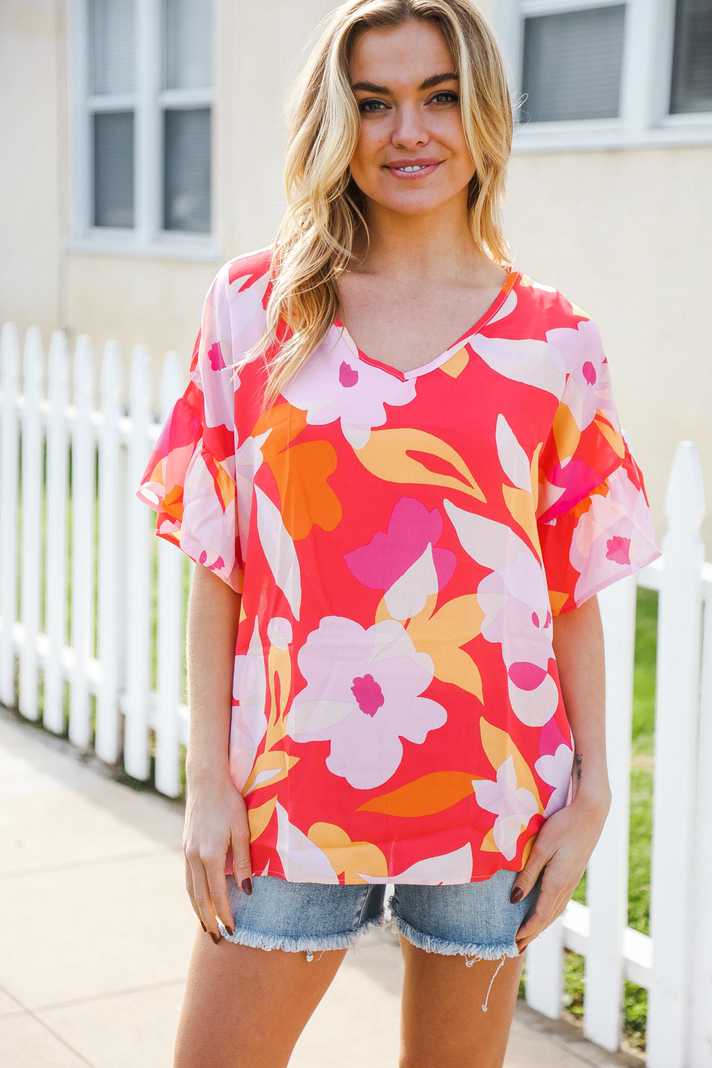 Haptics Tropical Vibes Peach Floral Dolman Ruffle Frill Sleeve Blouse 2024 Summer Blow Out Sale