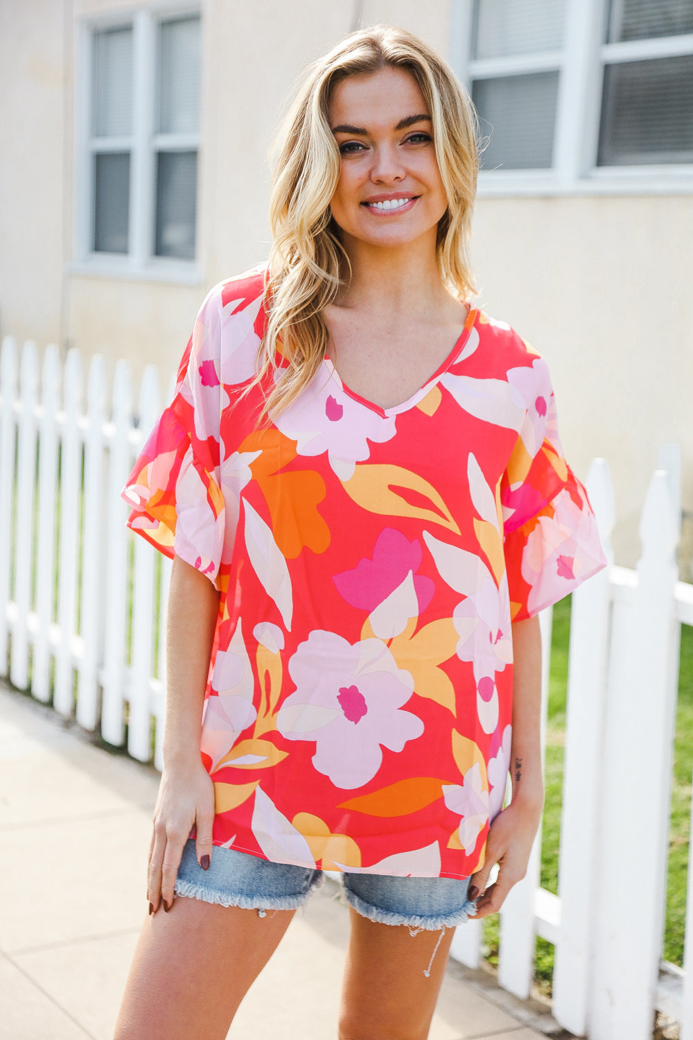 Haptics Tropical Vibes Peach Floral Dolman Ruffle Frill Sleeve Blouse 2024 Summer Blow Out Sale