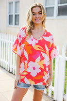 Haptics Tropical Vibes Peach Floral Dolman Ruffle Frill Sleeve Blouse 2024 Summer Blow Out Sale