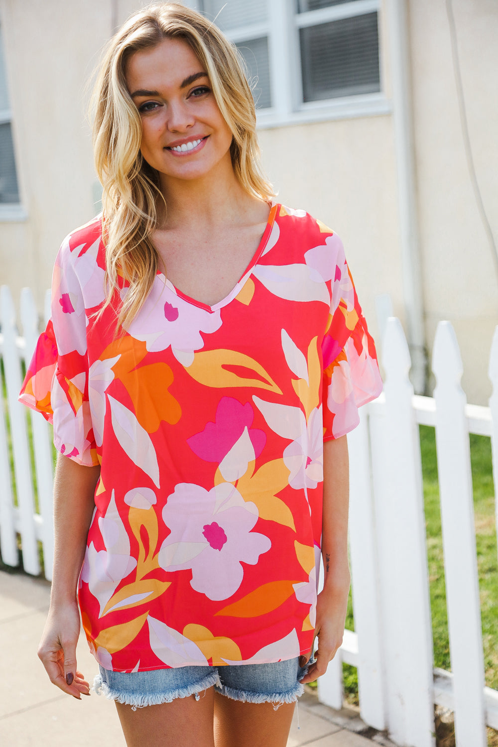 Haptics Tropical Vibes Peach Floral Dolman Ruffle Frill Sleeve Blouse 2024 Summer Blow Out Sale