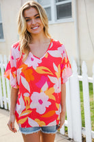Haptics Tropical Vibes Peach Floral Dolman Ruffle Frill Sleeve Blouse 2024 Summer Blow Out Sale