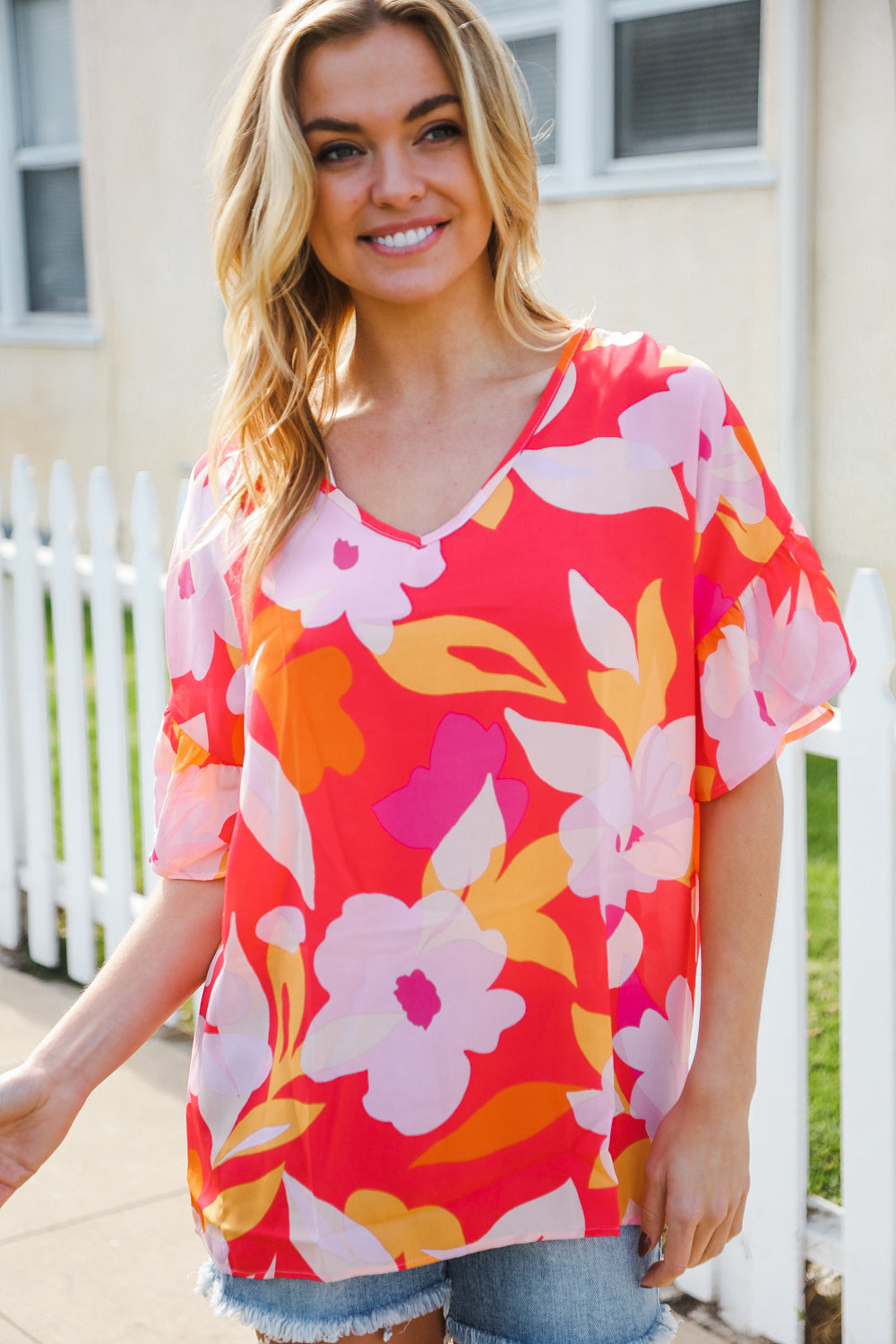 Haptics Tropical Vibes Peach Floral Dolman Ruffle Frill Sleeve Blouse 2024 Summer Blow Out Sale