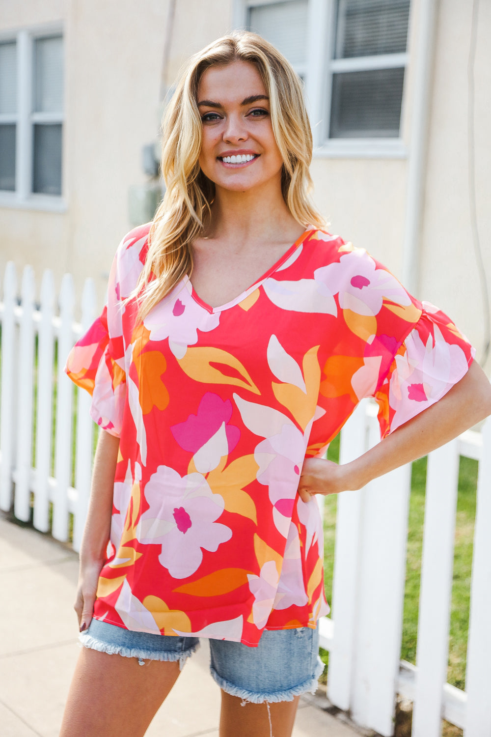 Haptics Tropical Vibes Peach Floral Dolman Ruffle Frill Sleeve Blouse 2024 Summer Blow Out Sale