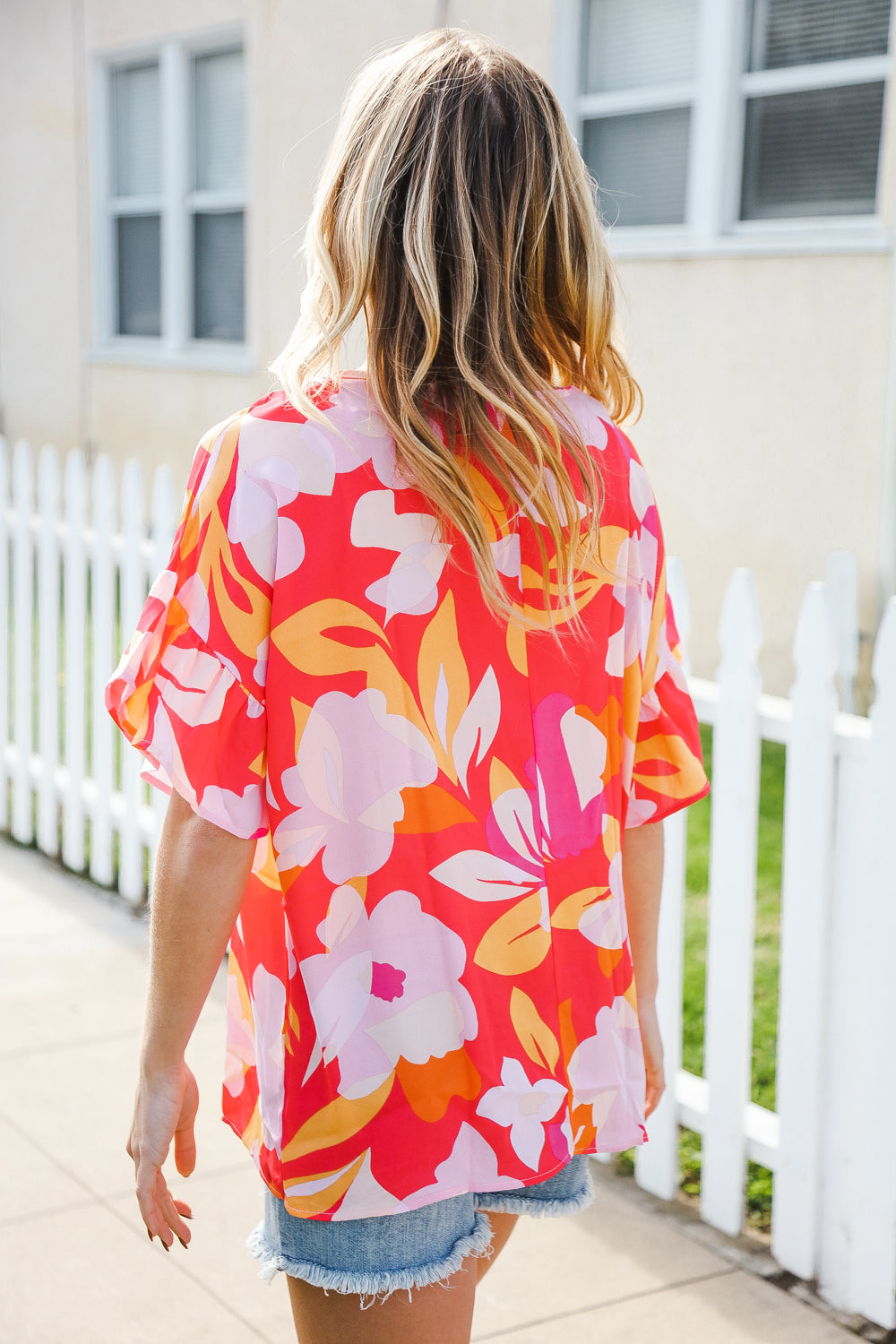 Haptics Tropical Vibes Peach Floral Dolman Ruffle Frill Sleeve Blouse 2024 Summer Blow Out Sale
