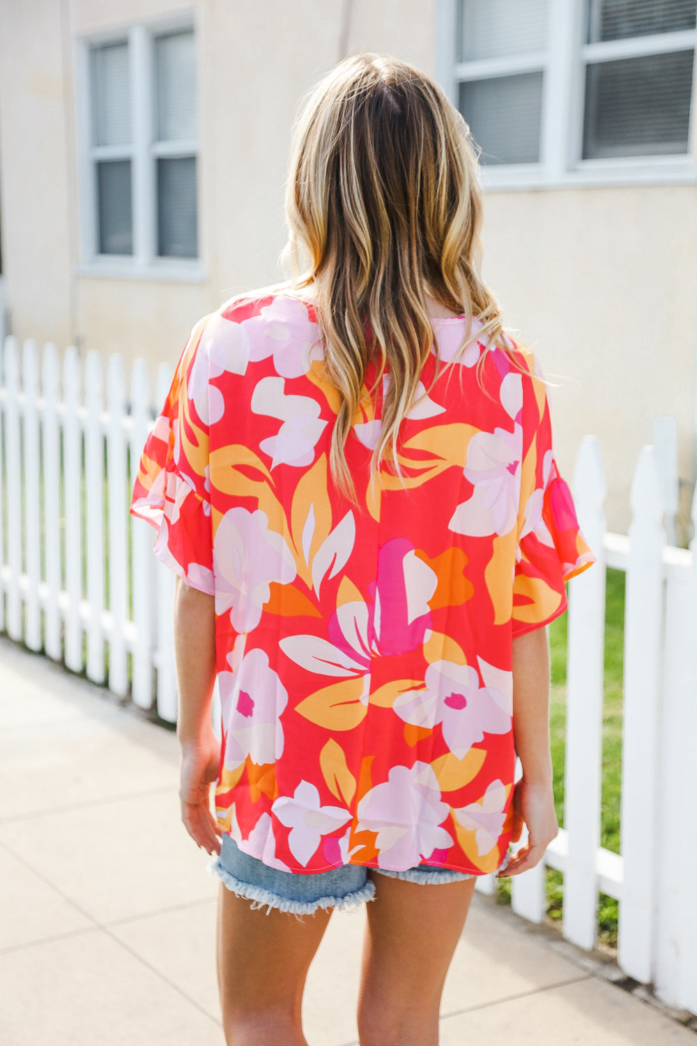 Haptics Tropical Vibes Peach Floral Dolman Ruffle Frill Sleeve Blouse 2024 Summer Blow Out Sale