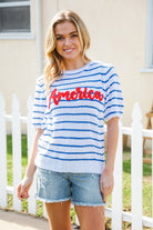 Haptics America Proud Blue Striped Embroidered Puff Sleeve Top