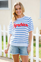 Haptics America Proud Blue Striped Embroidered Puff Sleeve Top