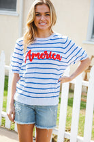 Haptics America Proud Blue Striped Embroidered Puff Sleeve Top