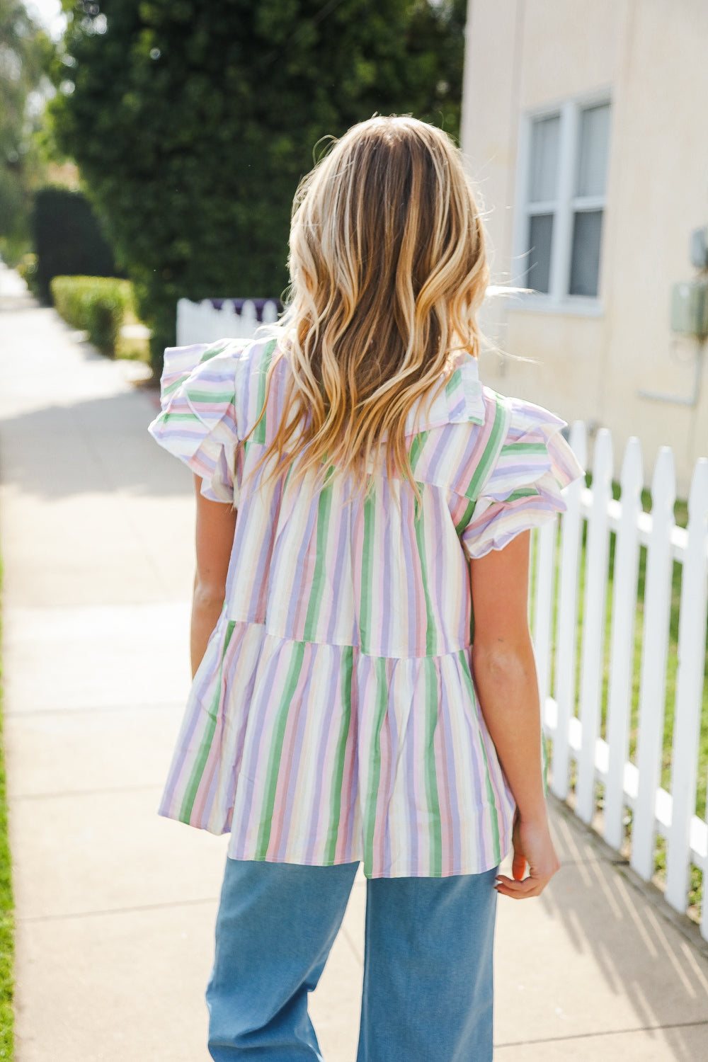 Jodifl Easy To Love Lavender Stripe Double Ruffle Sleeve Tiered Top 2024 Blow-Out Sale