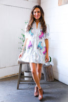 Fantastic Fawn Pastel Multi Stripe Button Roller Skate Sequin Patch Pocket Dress