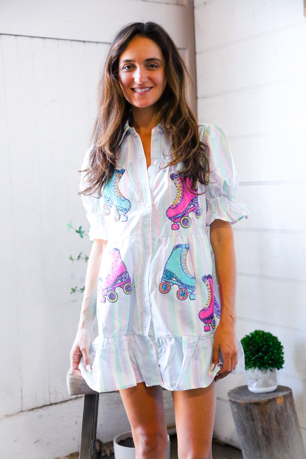Fantastic Fawn Pastel Multi Stripe Button Roller Skate Sequin Patch Pocket Dress