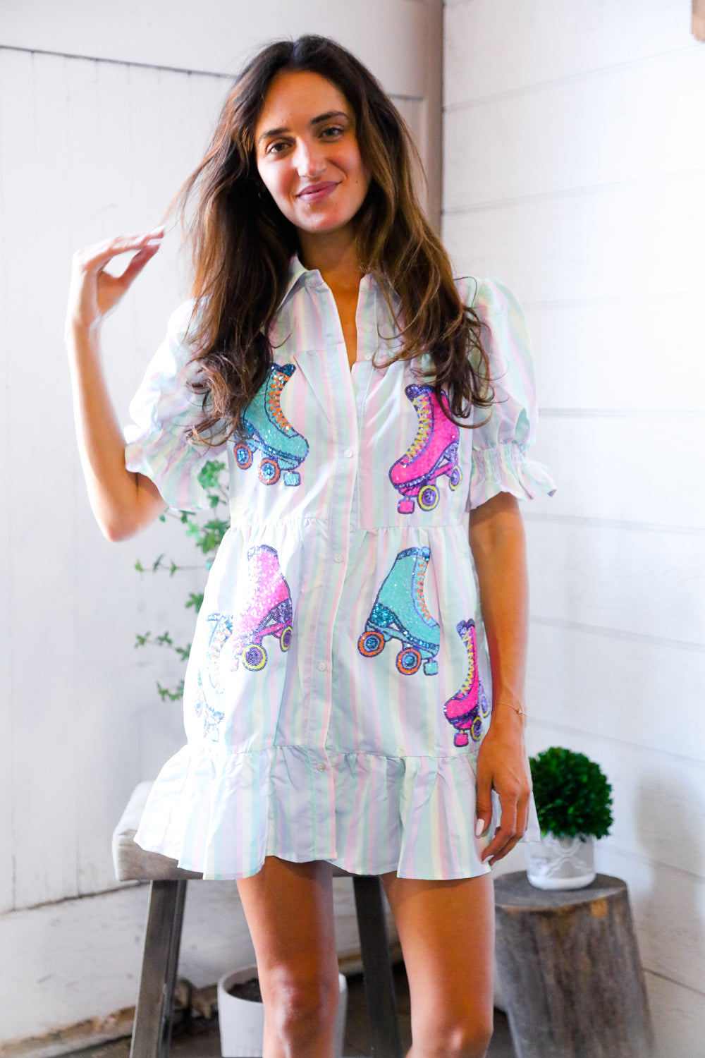 Fantastic Fawn Pastel Multi Stripe Button Roller Skate Sequin Patch Pocket Dress