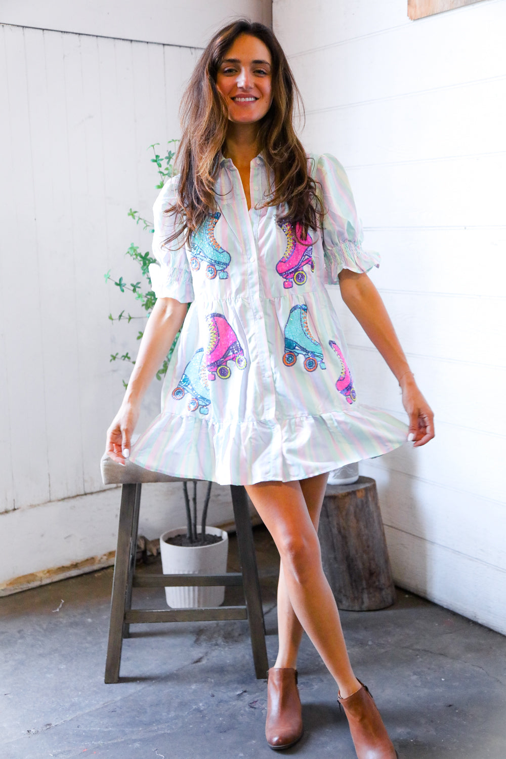 Fantastic Fawn Pastel Multi Stripe Button Roller Skate Sequin Patch Pocket Dress