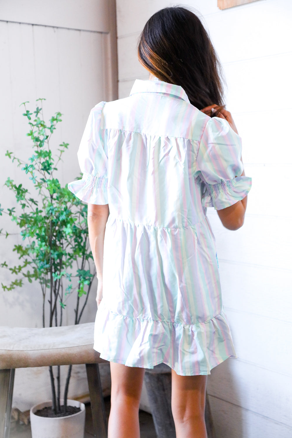 Fantastic Fawn Pastel Multi Stripe Button Roller Skate Sequin Patch Pocket Dress