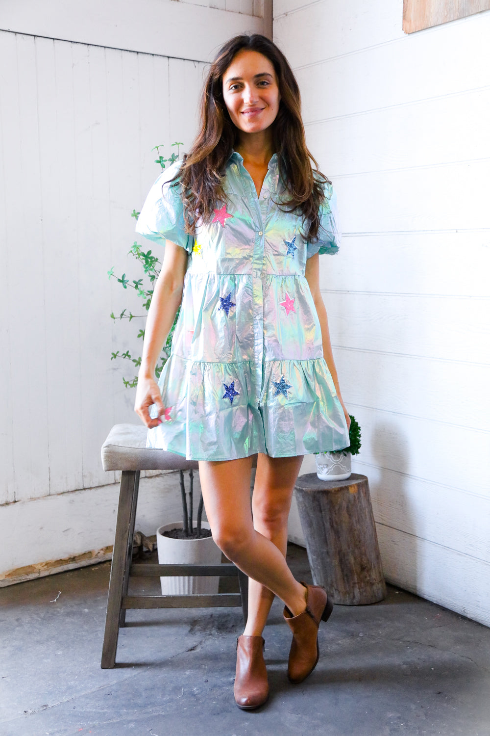 Peach Love Pearlescent Blue Sequin Star Embroidered Button Down Pocket Dress
