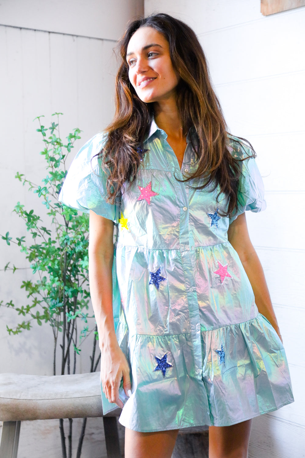 Peach Love Pearlescent Blue Sequin Star Embroidered Button Down Pocket Dress Large