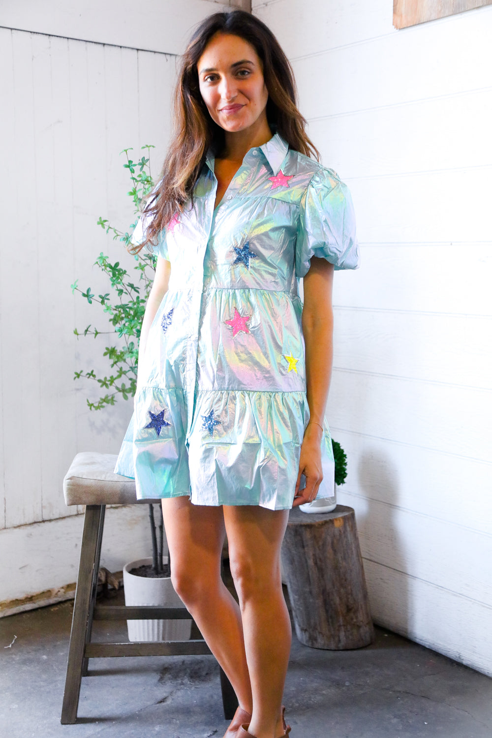Peach Love Pearlescent Blue Sequin Star Embroidered Button Down Pocket Dress