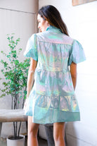Peach Love Pearlescent Blue Sequin Star Embroidered Button Down Pocket Dress
