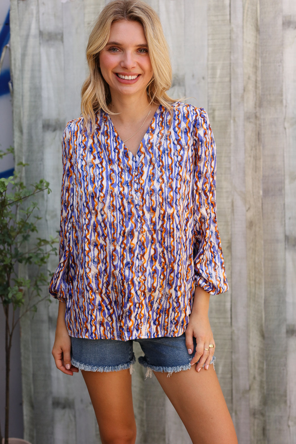 First Love V Neck Fabric Button Detail Blouse