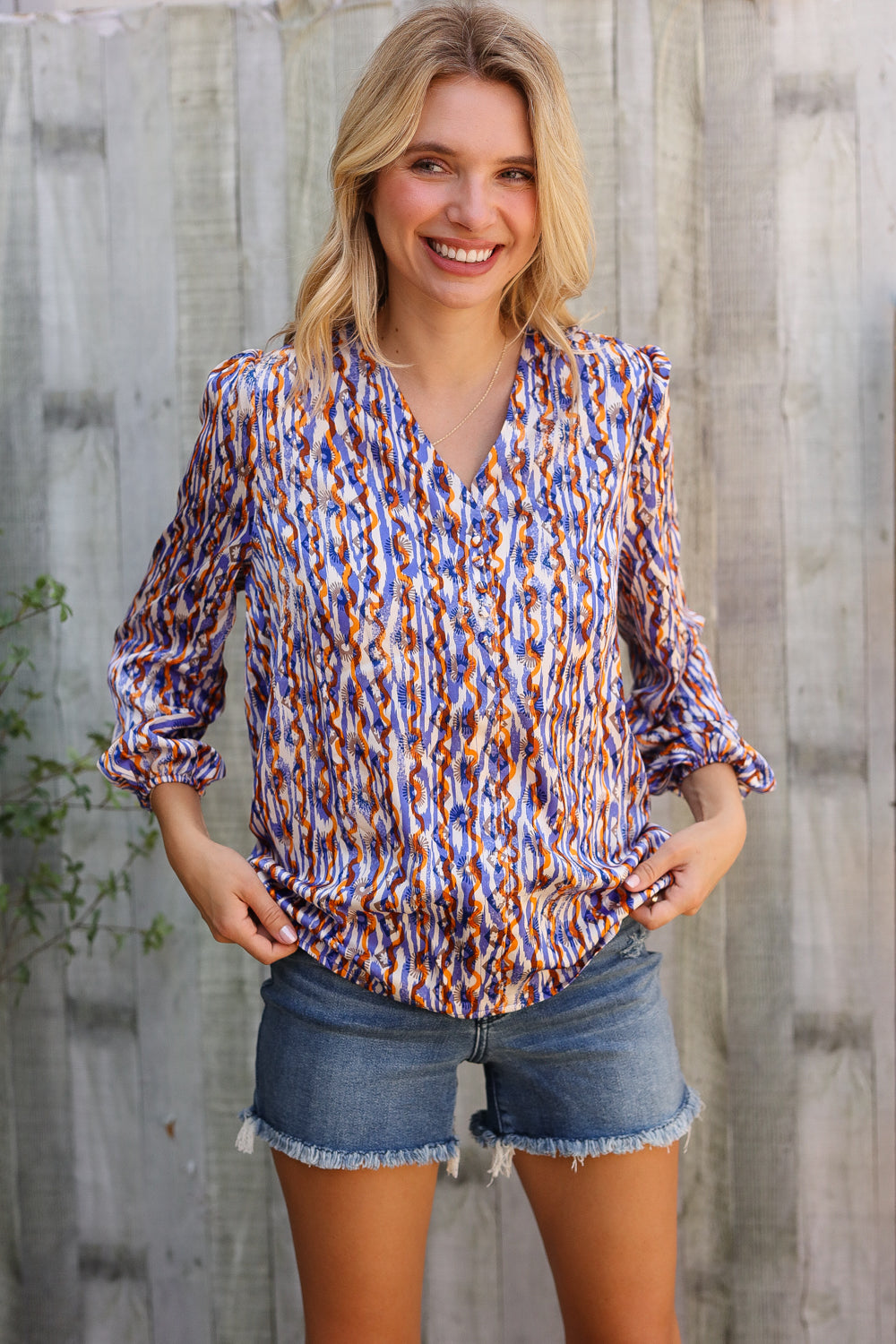 First Love V Neck Fabric Button Detail Blouse