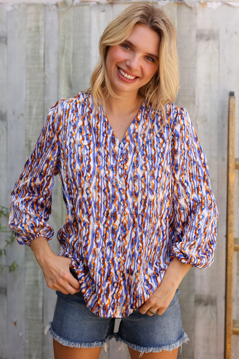 First Love V Neck Fabric Button Detail Blouse