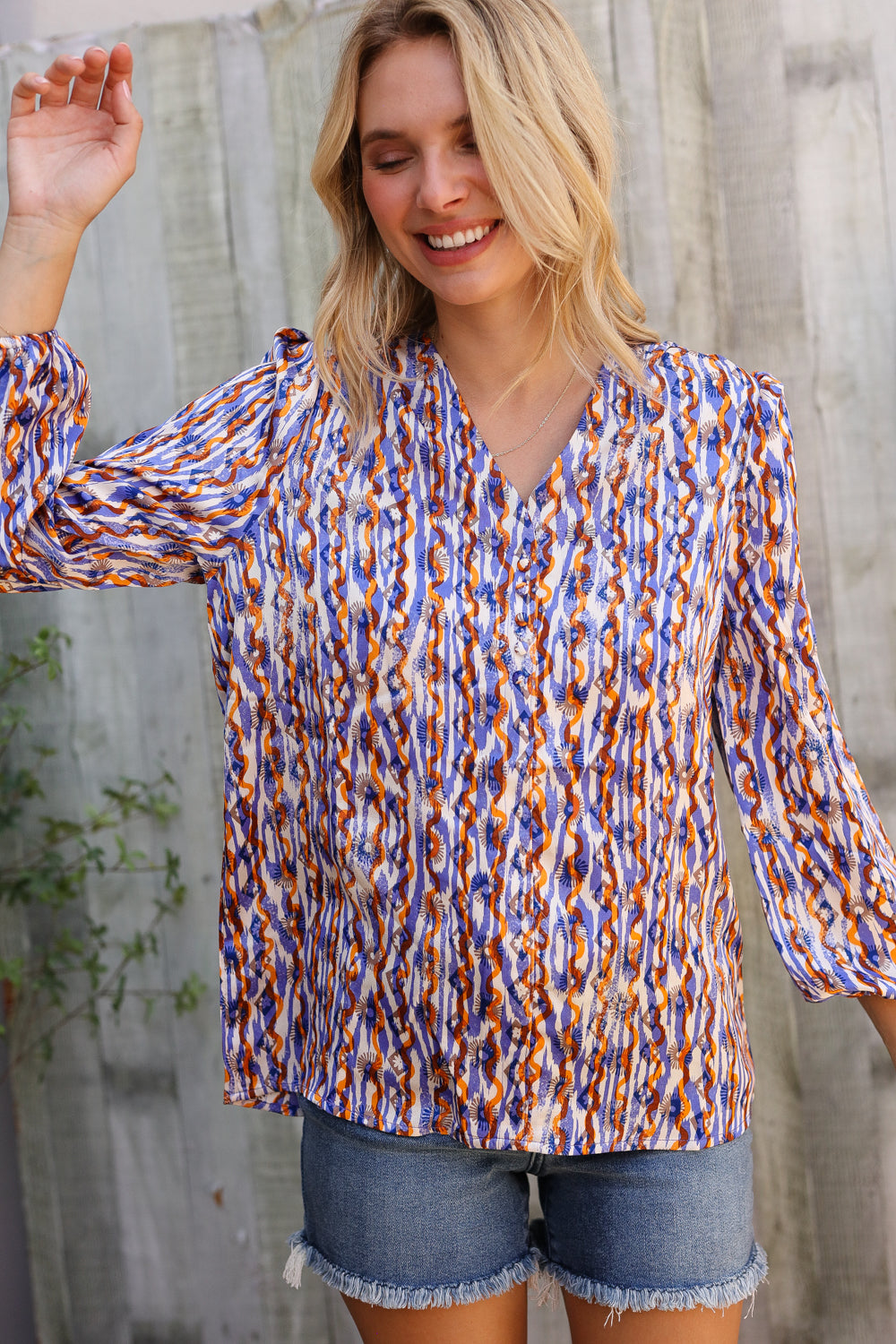 First Love V Neck Fabric Button Detail Blouse