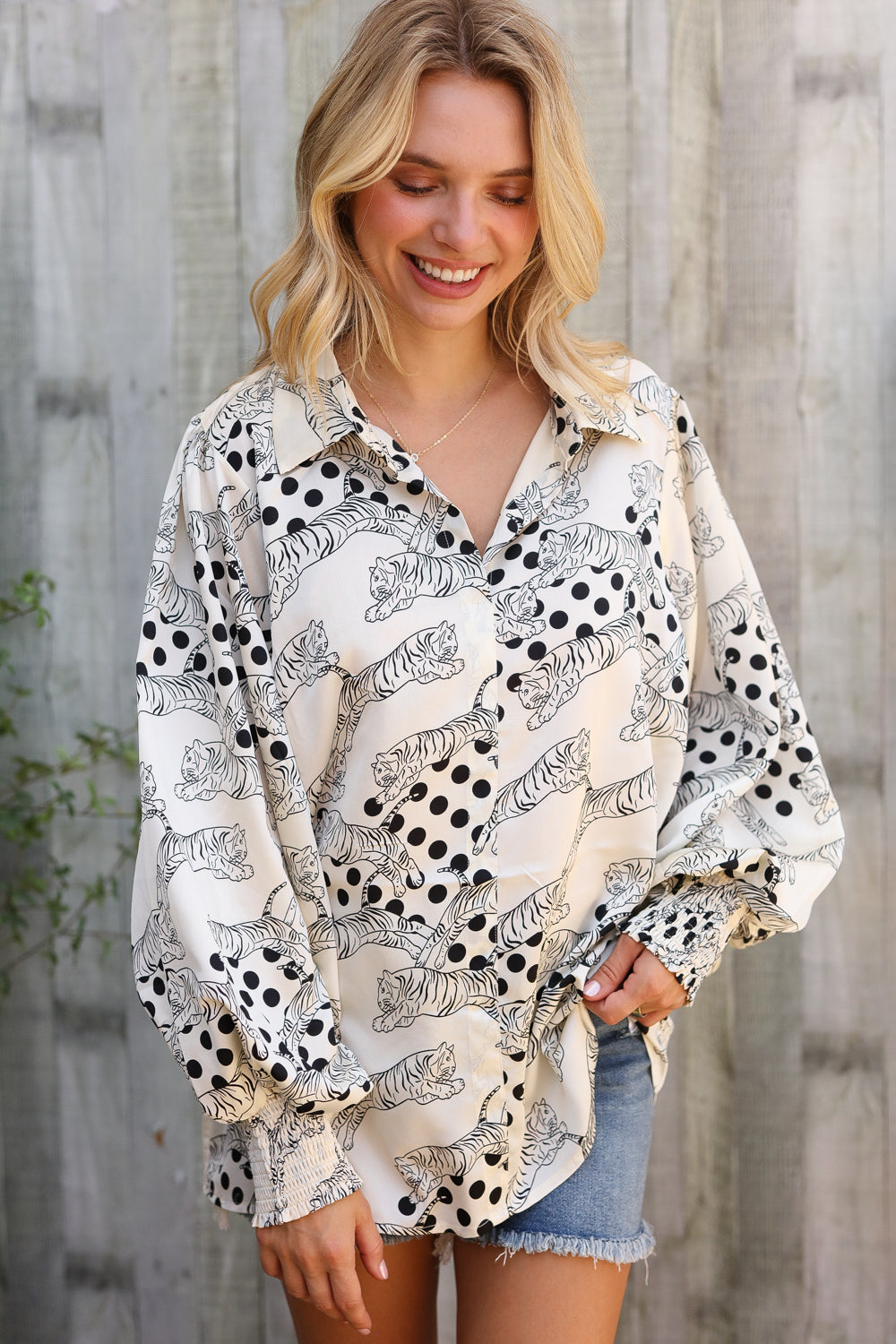 First Love Ivory Satin Button-Down Collared Long Sleeve Bouse