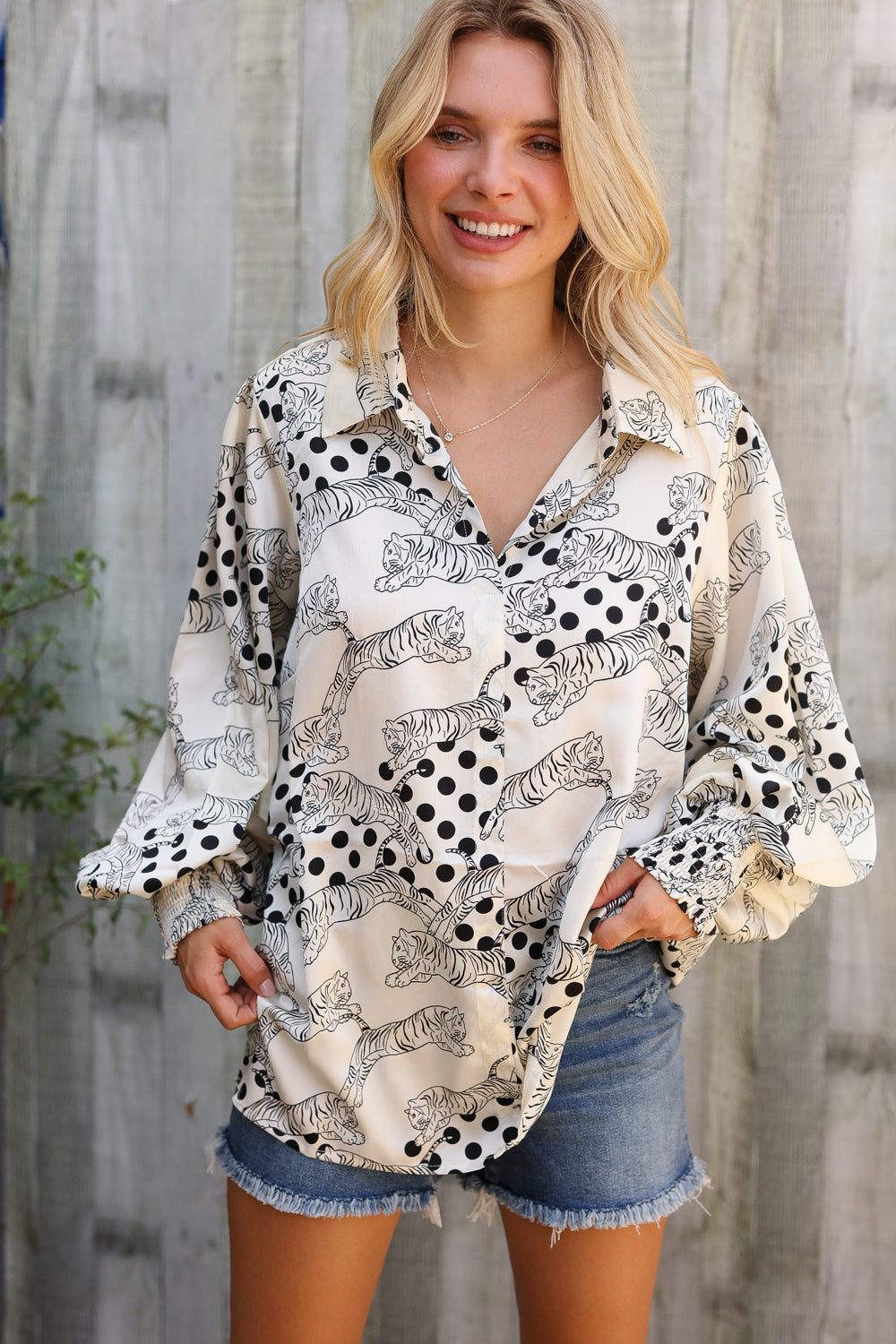 First Love Ivory Satin Button-Down Collared Long Sleeve Bouse