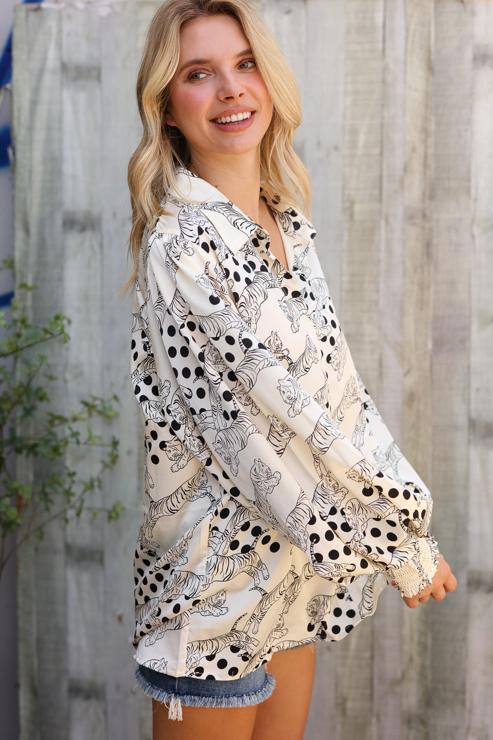First Love Ivory Satin Button-Down Collared Long Sleeve Bouse