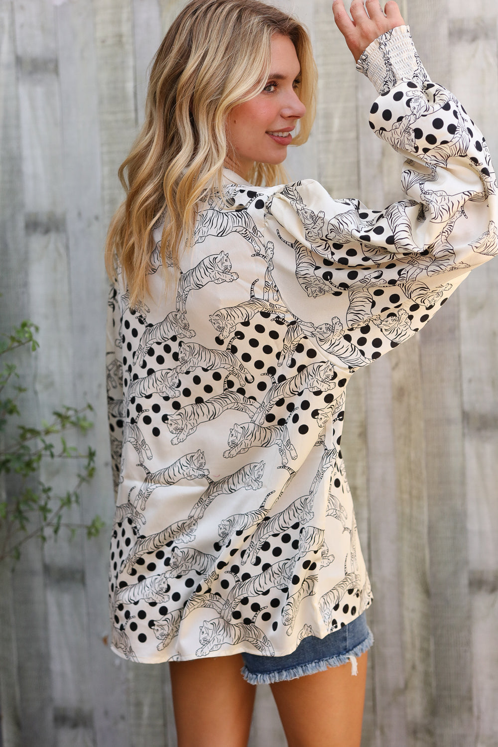 First Love Ivory Satin Button-Down Collared Long Sleeve Bouse